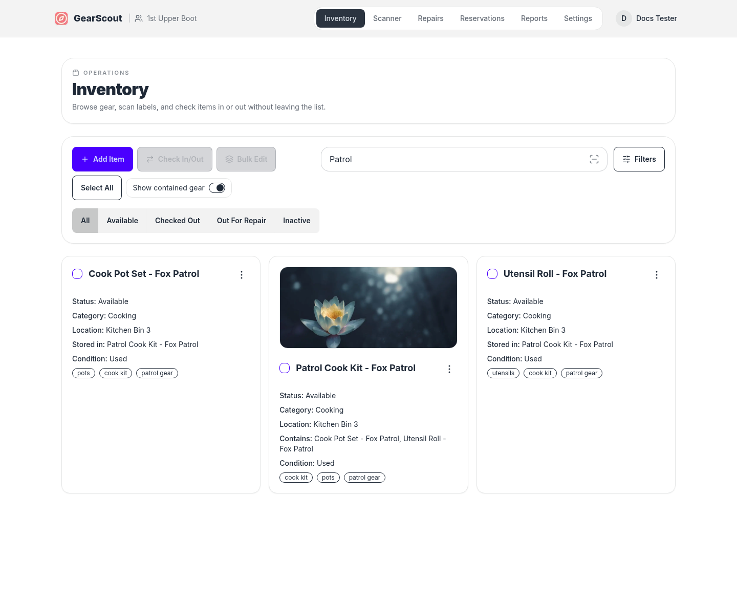 GearScout desktop inventory interface